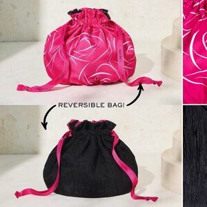 LANCÔME Reversible Pouch Cosmetic Bag Drawstring Crepe-Nylon Black Pink …